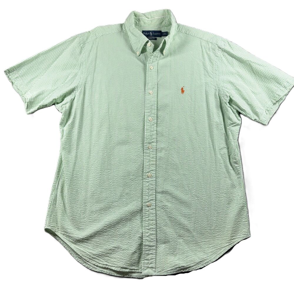 Ralph Lauren Men Button Down Seersucker Shirt Short Sleeve Green Large P238